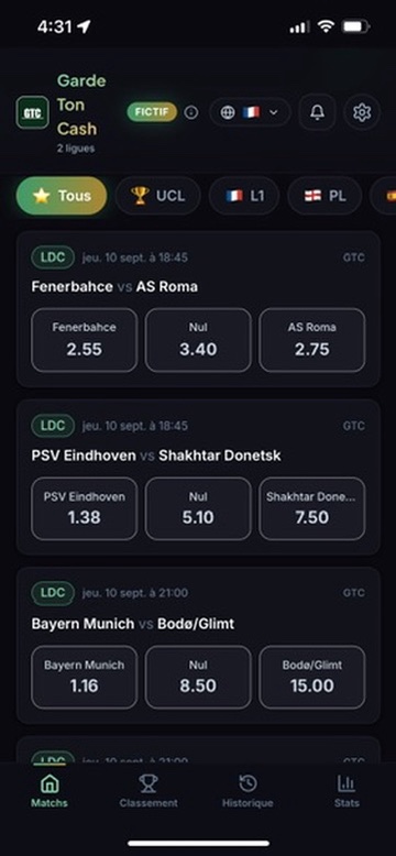 Capture d'écran réelle de l'application Garde Ton Cash : liste des matchs et cotes du jour