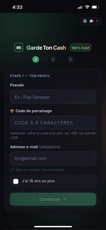 Écran de création de compte de l'application, avec pseudo, code de parrainage et email